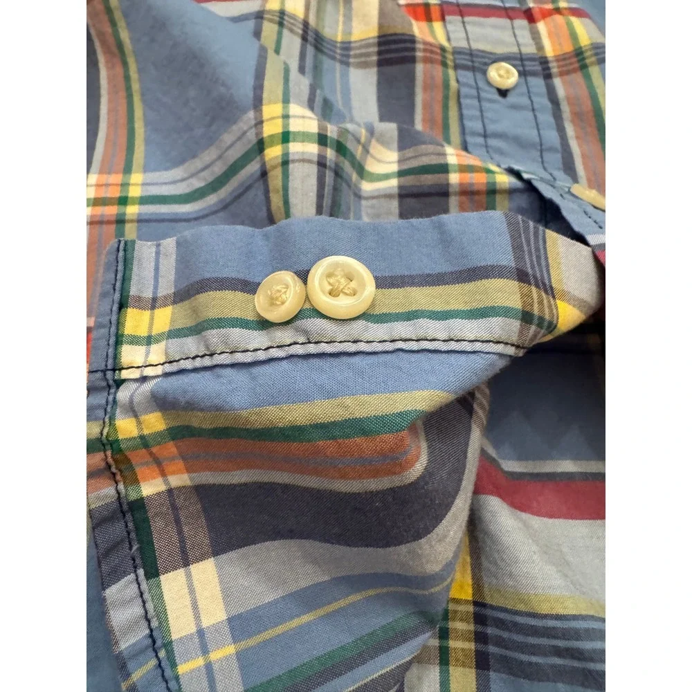 Ralph Lauren Button Down Shirt Kids L 14-16 Blue Plaid Natural Stretch Preppy